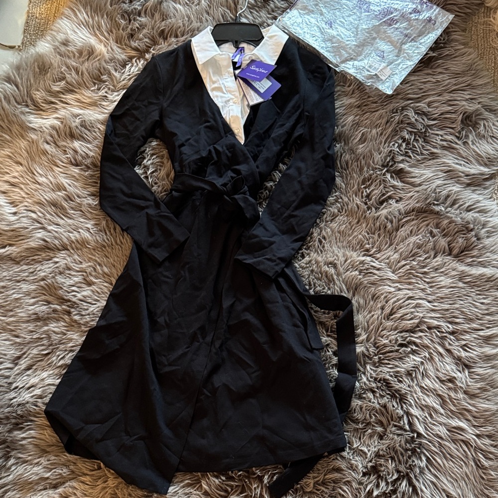Seraphine maternity Black wrap Dress with White Collar